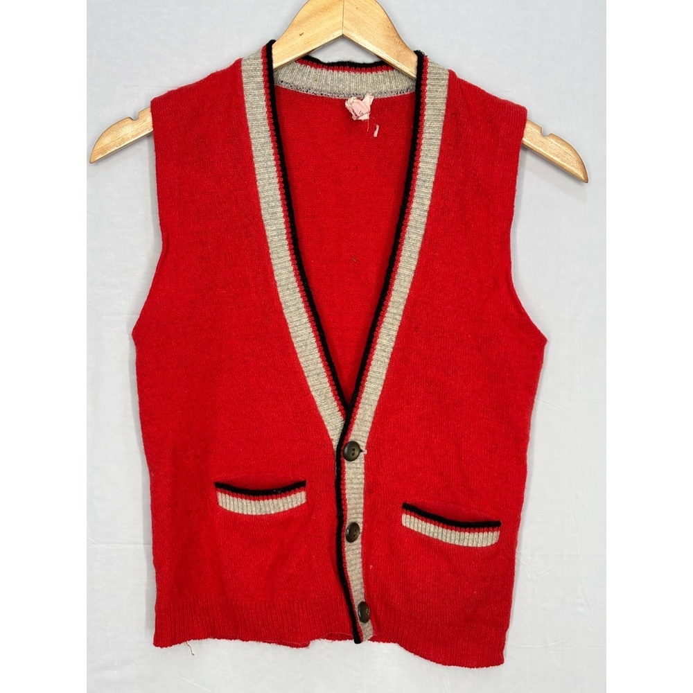 Retro Sweater Vest Red Black Pockets Contrast Trim Lambs Wool 14‎ Vintage Boys